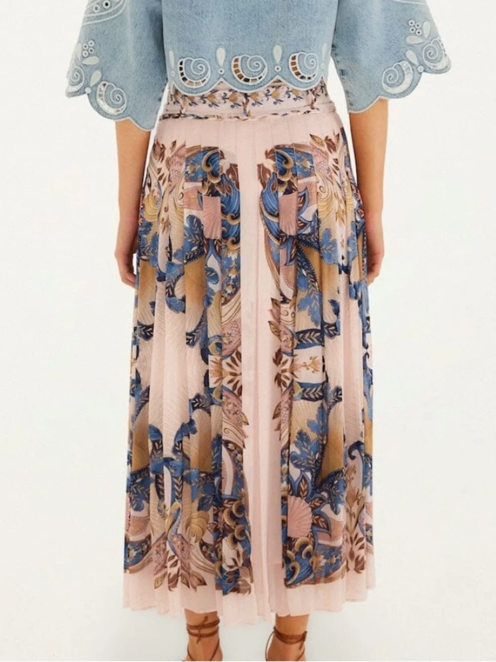 FARM Rio Soft Sea Pink Garden Scarf Pleated Maxi Skirt NWT - Picture 3 of 5
